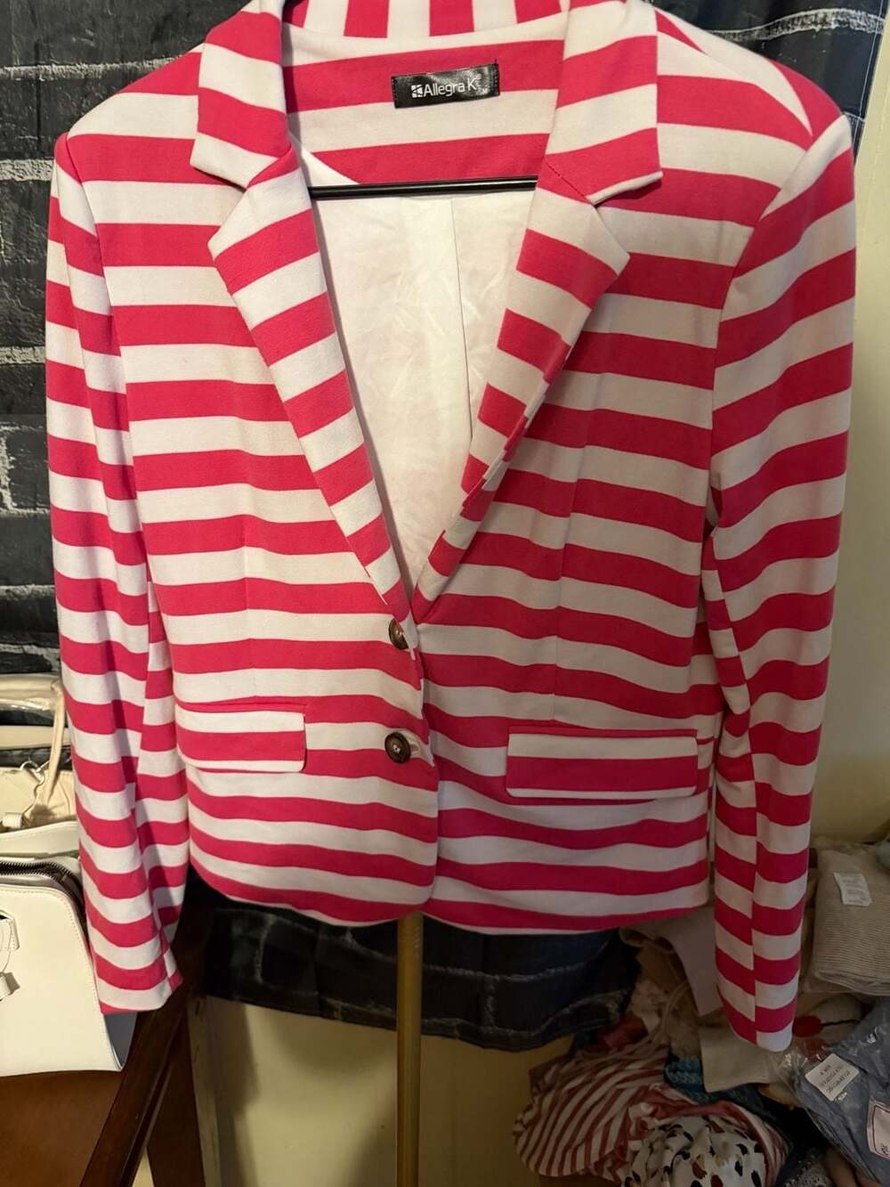 Allegra K Women's Hot Pink and White Striped Two-Button Blazer